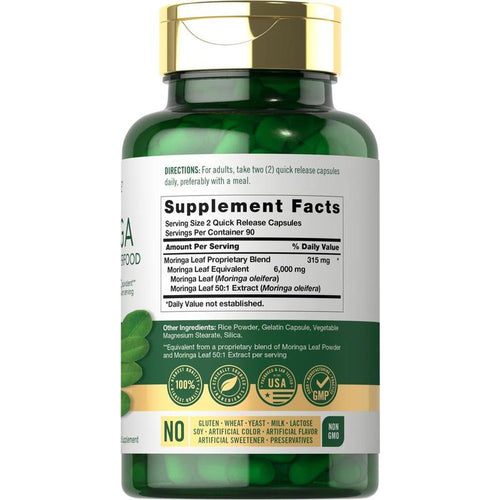 Carlyle Moringa Oleifera | 180 Capsules | Non-Gmo and Gluten Free Supplement | Complete Green Superfood | from Moringa Leaf Powder